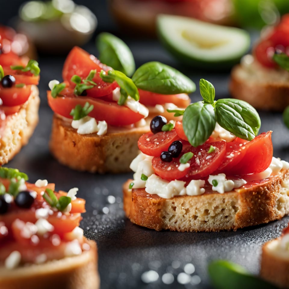 Close-up of Mario's Italian Restaurant bruschetta with tomatoes, cheese, olives, and basil on dark surface.